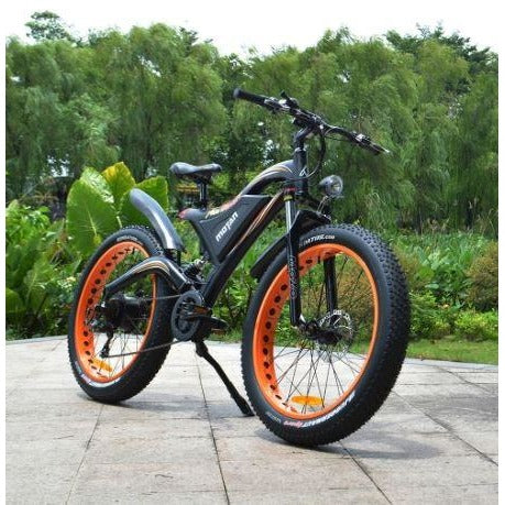Orange AddMotor Motan M850 750W - Electric Mountain Bike - On Bike Path