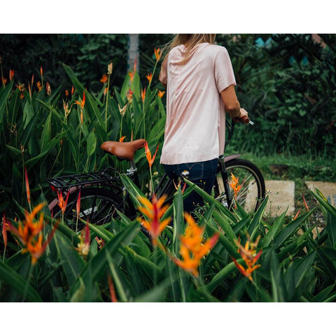 e-Joe GADIS Step Thru - Electric Cruiser Bike - Walking through flowers
