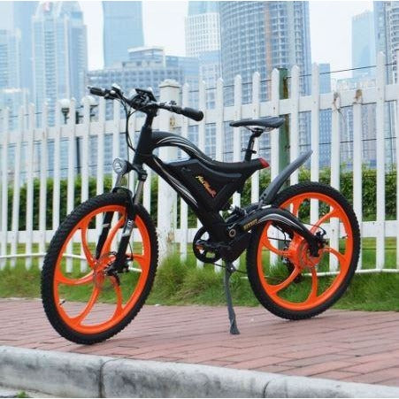 Orange AddMotor HitHot H2 w/ MAG Wheel - Electric Mountain Bike - On Sidewalk