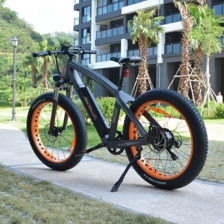 Orange AddMotor Motan M560 - Sport Fat Tire Electric Bike - On Sidewalk