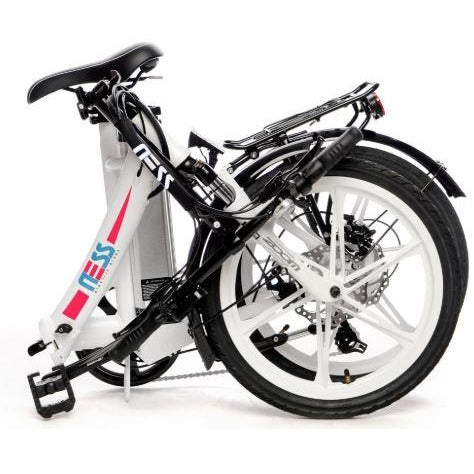 White w/ Pink Highlight Ness Icon Folding Electric Bike - Folded