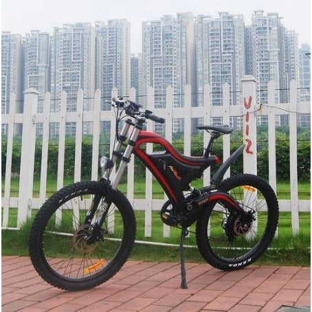 Red AddMotor HitHot H5 - Electric Mountain Bike - In Front of Fence 