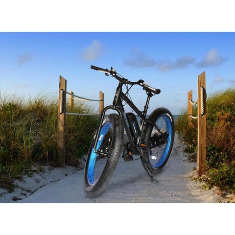 Blue Rims EMOJO Wildcat - Fat Tire Electric Bike - On sandy trail